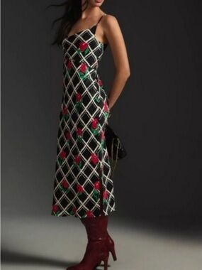 Anthropologie Black Slip Midi Dress with White Lattice and Red Rose Print